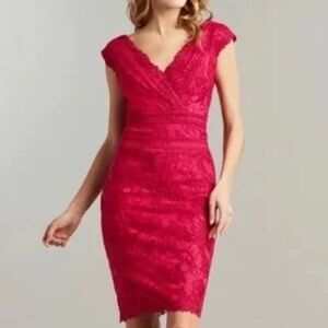 Tadashi Shoji Embroidered Lace V-Neck Cocktail Dress Berry Pink 4 EUC